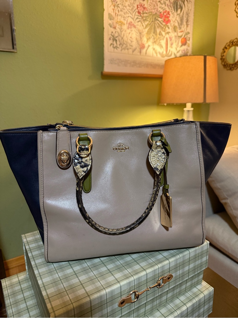 Coach Crosby Taupe Leather Satchel with Snake-Print and Green Trim